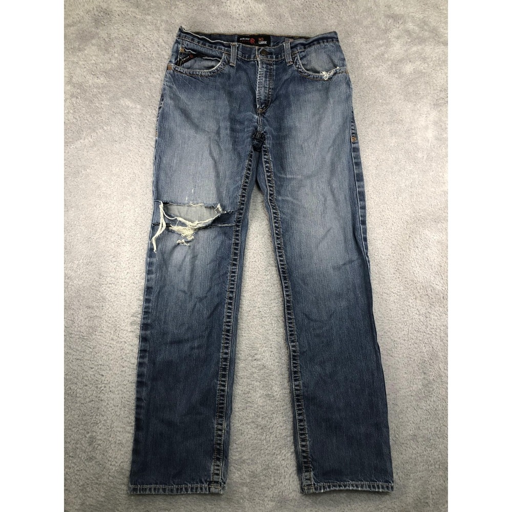 Ariat Jeans Mens 37x36 (Tag 35x36) Blue FR M3 Loose CAT2 2112 Distressed
